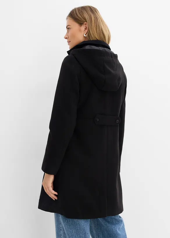 Mantel mit Kapuze und Bundfalten in schwarz von hinten (Totalaufnahme) - bonprix