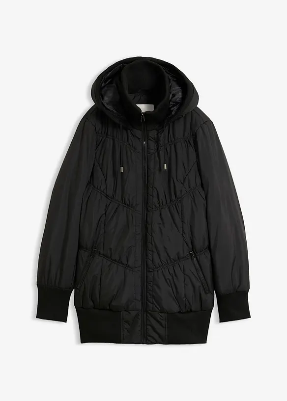 Steppjacke mit breitem Komfortbund und Kapuze in schwarz von vorne - bonprix
