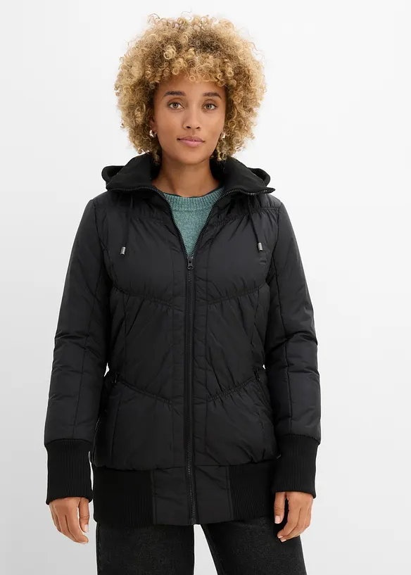 Steppjacke mit breitem Komfortbund und Kapuze in schwarz von vorne (im Anschnitt) - bonprix