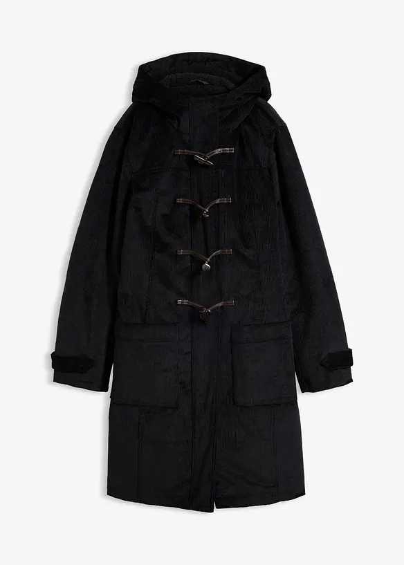 Gefütterter Cord-Dufflecoat in schwarz von vorne - bonprix