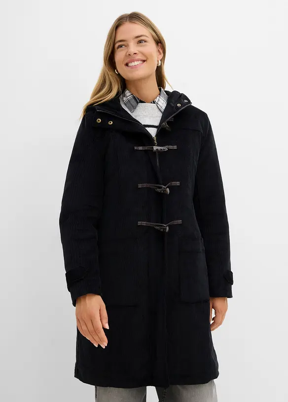 Gefütterter Cord-Dufflecoat in schwarz von vorne (Totalaufnahme) - bonprix