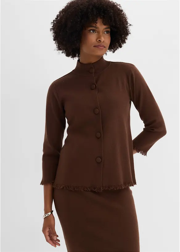 Strickjacke mit Fransenkante in braun von vorne (im Anschnitt) - bonprix