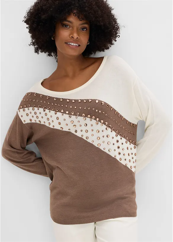 Longpullover mit Applikation in braun von vorne (im Anschnitt) - bonprix