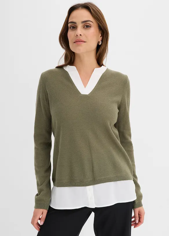 Feinstrickpullover mit Bluseneinsatz in grün von vorne (im Anschnitt) - bonprix Feinstrickpullover mit Bluseneinsatz in grün von vorne (im Anschnitt) - bonprix