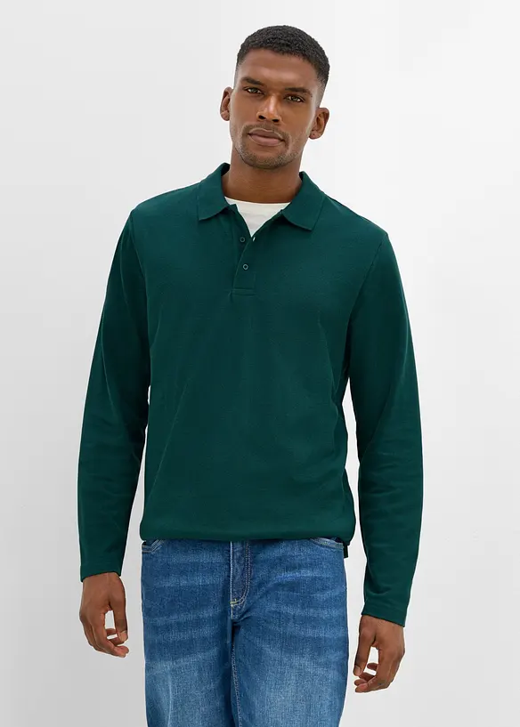 Piqué-Poloshirt, Langarm in grün von vorne (im Anschnitt) - bonprix