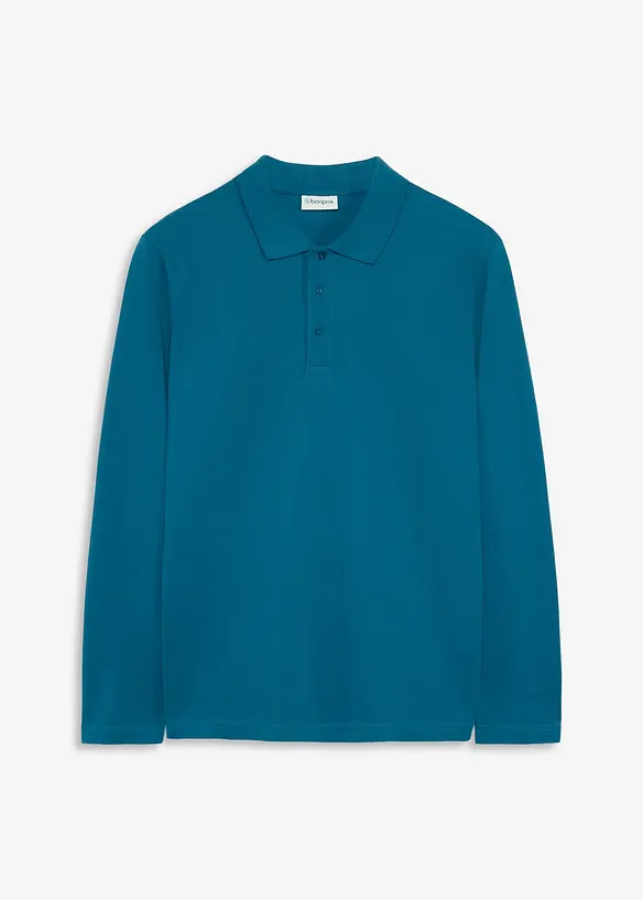 Piqué-Poloshirt, Langarm in petrol von vorne - bonprix