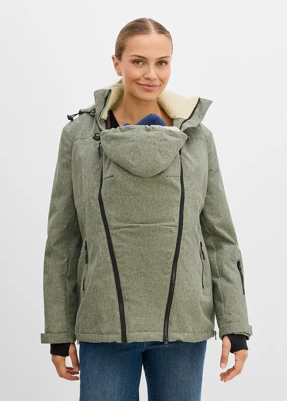 Kuschelige 3-in-1 Umstandsjacke und Tragejacke in grün von vorne (im Anschnitt) - bonprix