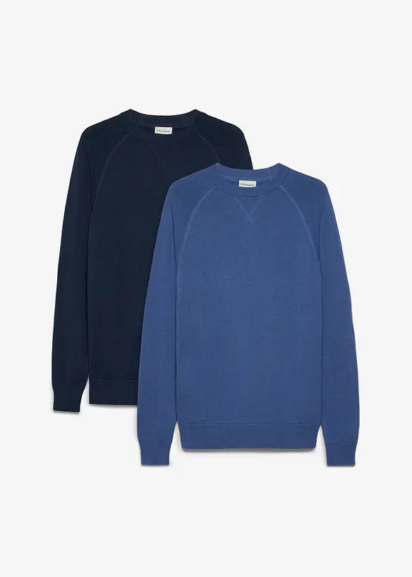 Feinstrickpullover aus reiner Baumwolle (2er Pack) in blau von vorne - bonprix