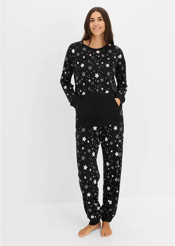 Pyjama mit Bio-Baumwolle in schwarz von vorne (Totalaufnahme) - bonprix