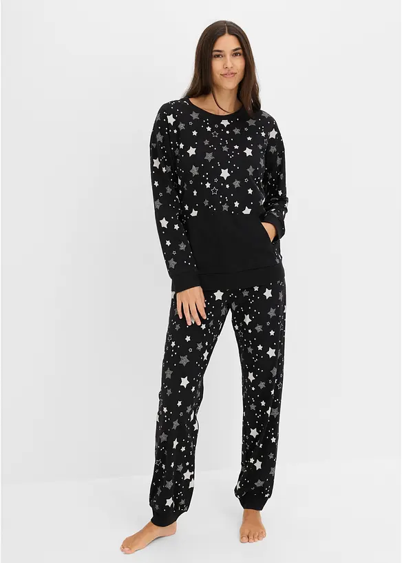 Pyjama mit Bio-Baumwolle in schwarz im Look von vorne (Totalaufnahme) - bonprix