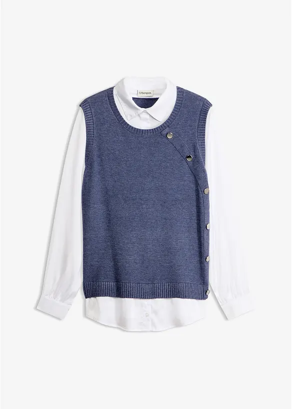 Pullover mit Blusen-Einsatz in blau von vorne - bonprix