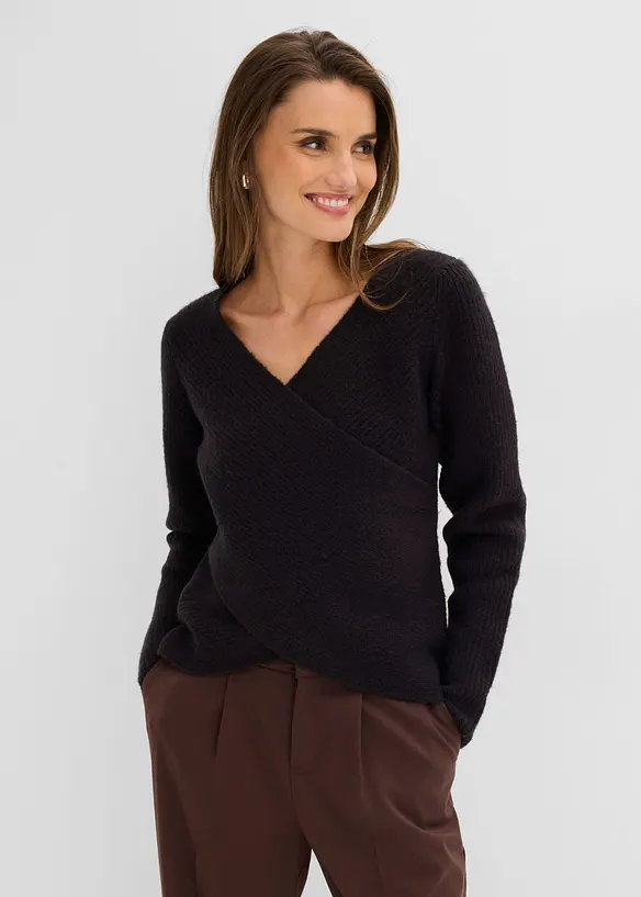 Wickelpullover mit V-Ausschnitt in schwarz von vorne (im Anschnitt) - bonprix Wickelpullover mit V-Ausschnitt in schwarz von vorne (im Anschnitt) - bonprix