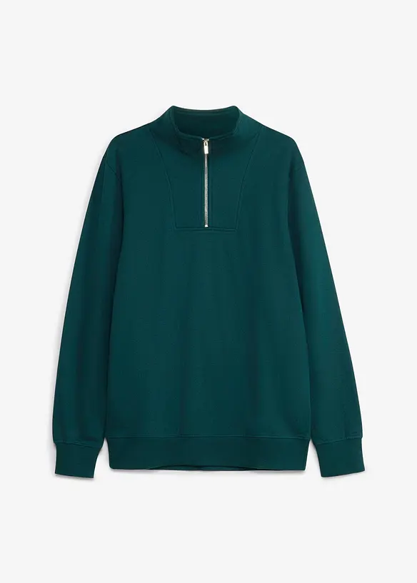 Sweatshirt mit Troyerkragen aus reiner Bio-Baumwolle in grün von vorne - bonprix