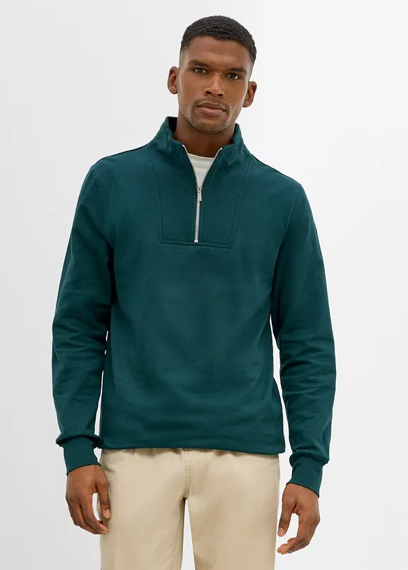 Sweatshirt mit Troyerkragen aus reiner Bio-Baumwolle in grün von vorne (im Anschnitt) - bonprix