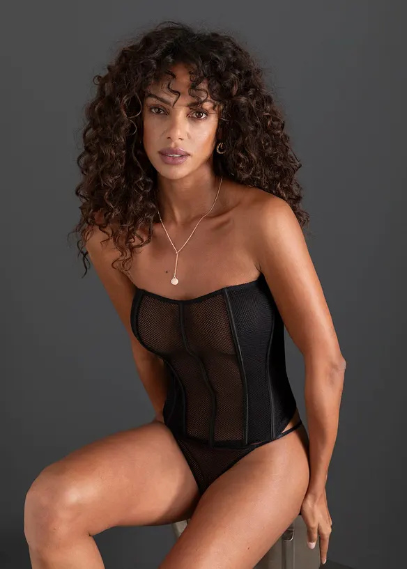 Corsage+String aus Netz (2-tlg. Set) in schwarz von vorne (Totalaufnahme) - bonprix