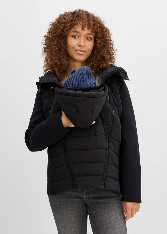3-in-1 Kombinierte Steppjacke für die Schwangerschaft und danach mit Trageeinsatz (3-tlg. Set) in schwarz von vorne (im Anschnitt) - bonprix
