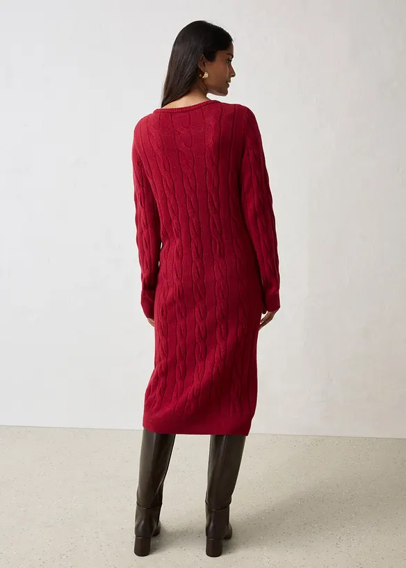 Strickkleid mit Wolle und Zopfmuster in rot von hinten (Totalaufnahme) - bonprix