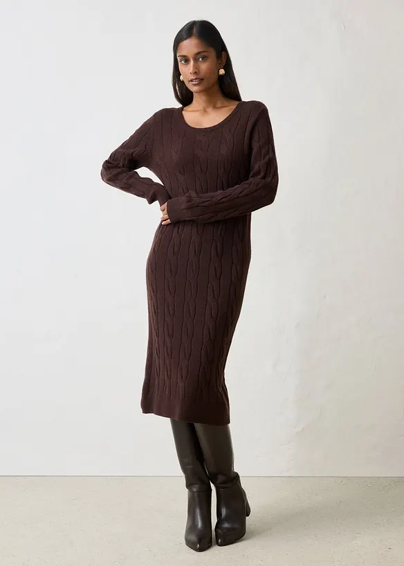Strickkleid mit Wolle und Zopfmuster in braun von vorne (Totalaufnahme) - bonprix