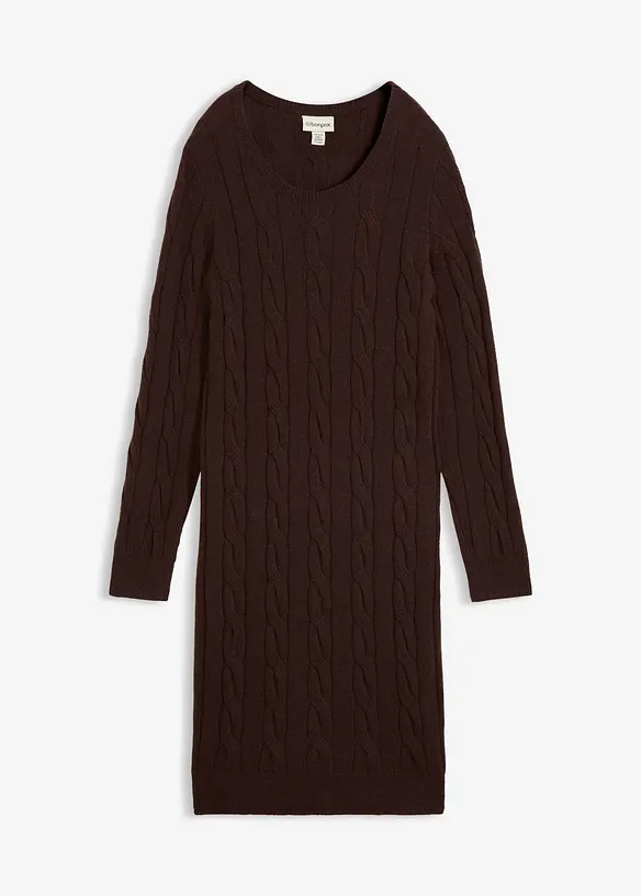 Strickkleid mit Wolle und Zopfmuster in braun von vorne - bonprix