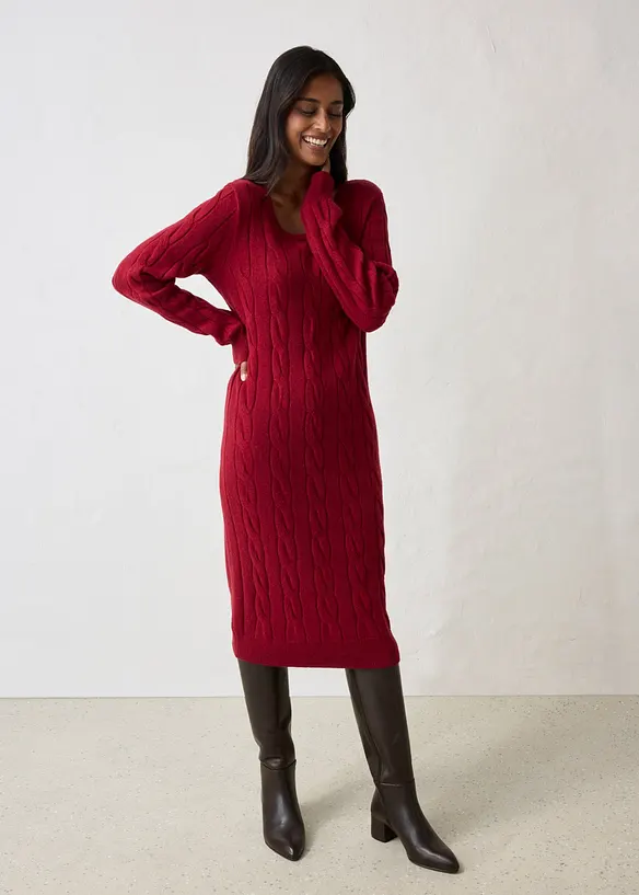 Strickkleid mit Wolle und Zopfmuster in rot von vorne (Totalaufnahme) - bonprix