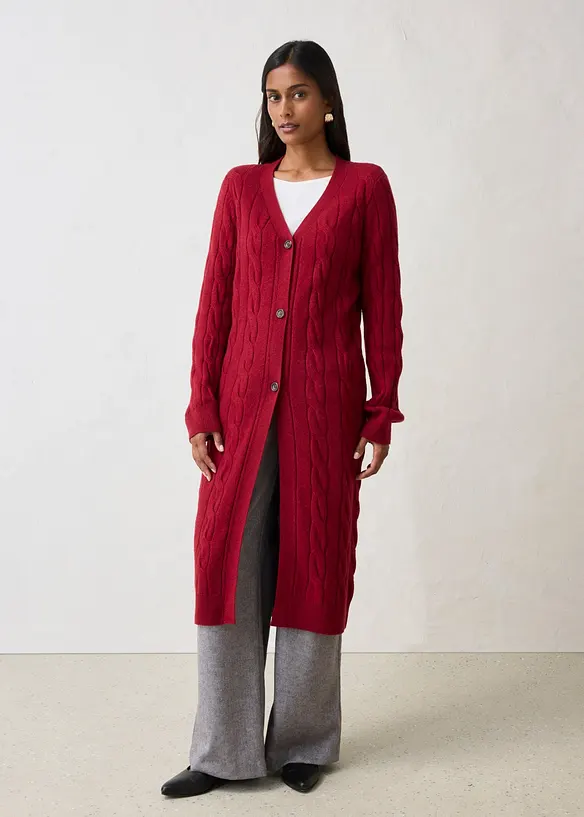 Longstrickjacke aus weichem Woll-Mix in rot von vorne (im Anschnitt) - bonprix