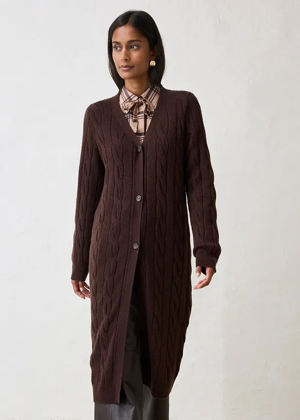 Longstrickjacke aus weichem Woll-Mix in braun von vorne (im Anschnitt) - bonprix