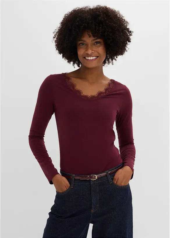 Shirt aus Single Jersey und Spitze im V-Ausschnitt in rot von vorne (im Anschnitt) - bonprix Shirt aus Single Jersey und Spitze im V-Ausschnitt in rot von vorne (im Anschnitt) - bonprix