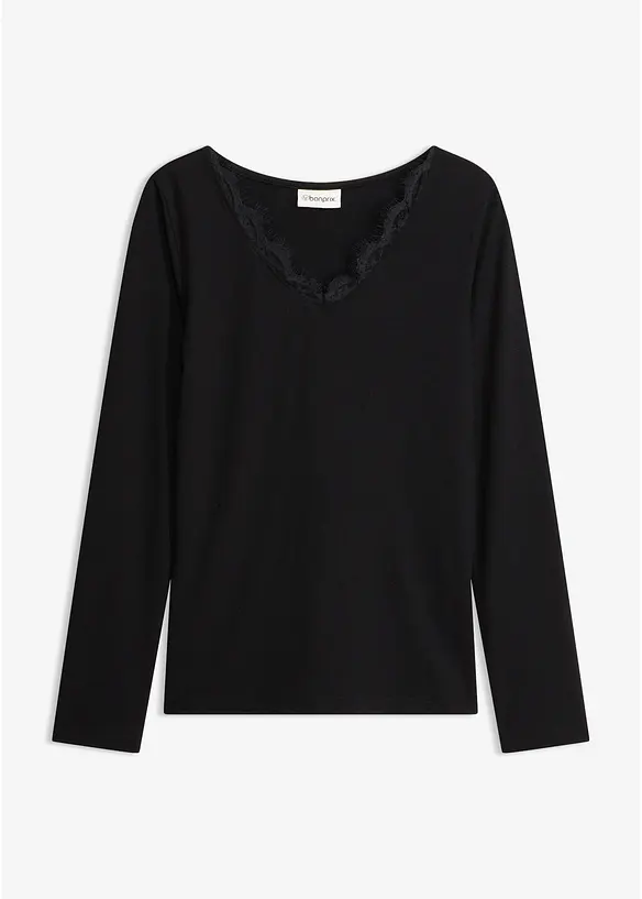 Shirt aus Single Jersey und Spitze im V-Ausschnitt in schwarz von vorne - bonprix Shirt aus Single Jersey und Spitze im V-Ausschnitt in schwarz von vorne - bonprix