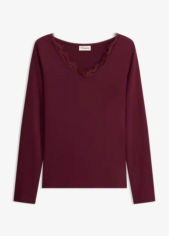 Shirt aus Single Jersey und Spitze im V-Ausschnitt in rot von vorne - bonprix Shirt aus Single Jersey und Spitze im V-Ausschnitt in rot von vorne - bonprix