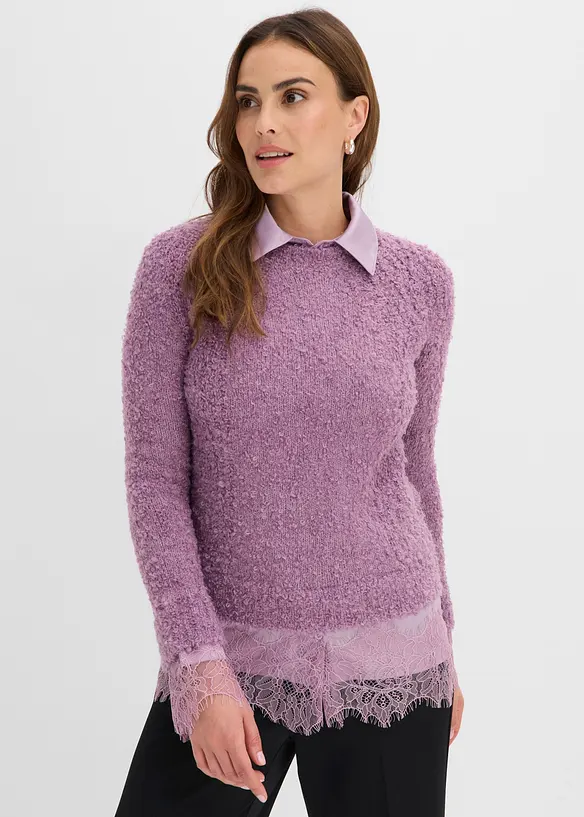Pullover mit Bluseneinsatz in lila von vorne (im Anschnitt) - bonprix