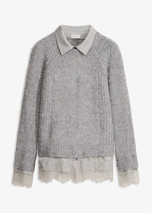 Pullover mit Bluseneinsatz in grau von vorne - bonprix