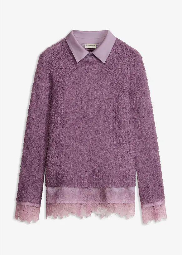 Pullover mit Bluseneinsatz in lila von vorne - bonprix
