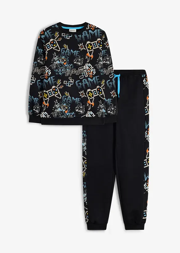 Jogginganzug aus weicher Bio Baumwolle in schwarz von vorne - bonprix