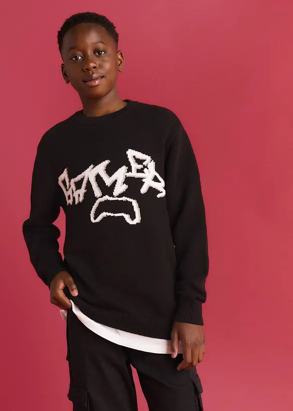 Grobstrick-Pullover aus reiner Baumwolle in schwarz von vorne (im Anschnitt) - bonprix