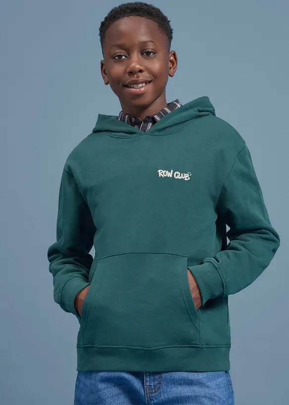 Hoodie aus weicher Bio Baumwolle mit großem Rückendruck in grün von vorne (im Anschnitt) - bonprix Hoodie aus weicher Bio Baumwolle mit großem Rückendruck in grün von vorne (im Anschnitt) - bonprix