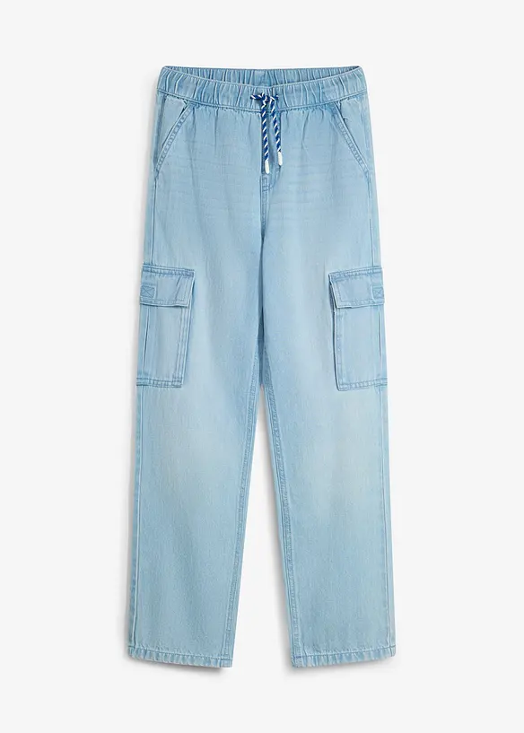 Loose-Fit-Schlupfjeans mit Cargotaschen, Straight in blau von vorne - bonprix