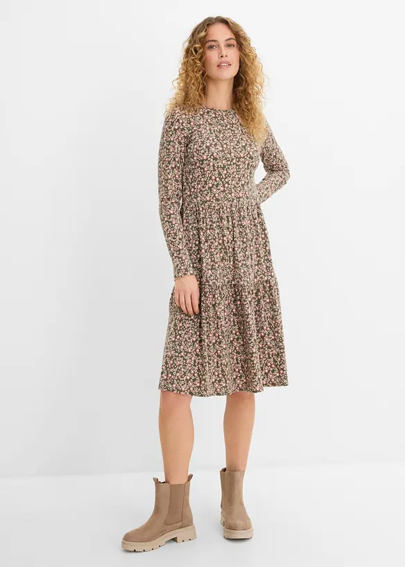 Ripp-Midikleid mit Stretch in grün von vorne (Totalaufnahme) - bonprix