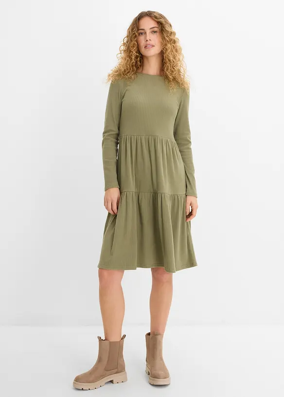 Ripp-Midikleid mit Stretch in grün von vorne (Totalaufnahme) - bonprix