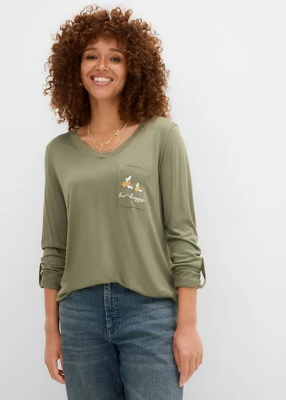 Langarmshirt aus softer Viskose in grün von vorne (im Anschnitt) - bonprix Langarmshirt aus softer Viskose in grün von vorne (im Anschnitt) - bonprix
