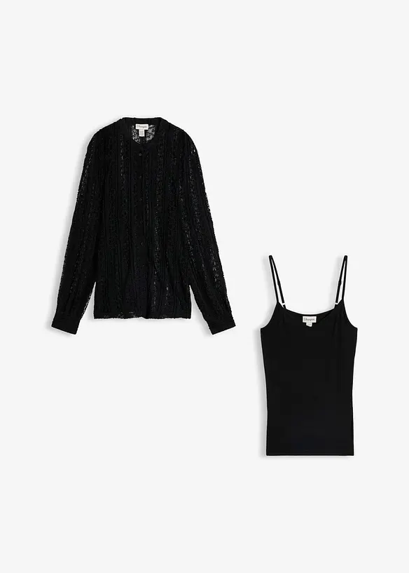 Jerseybluse mit Top (2-tlg. Set) in schwarz von vorne - bonprix