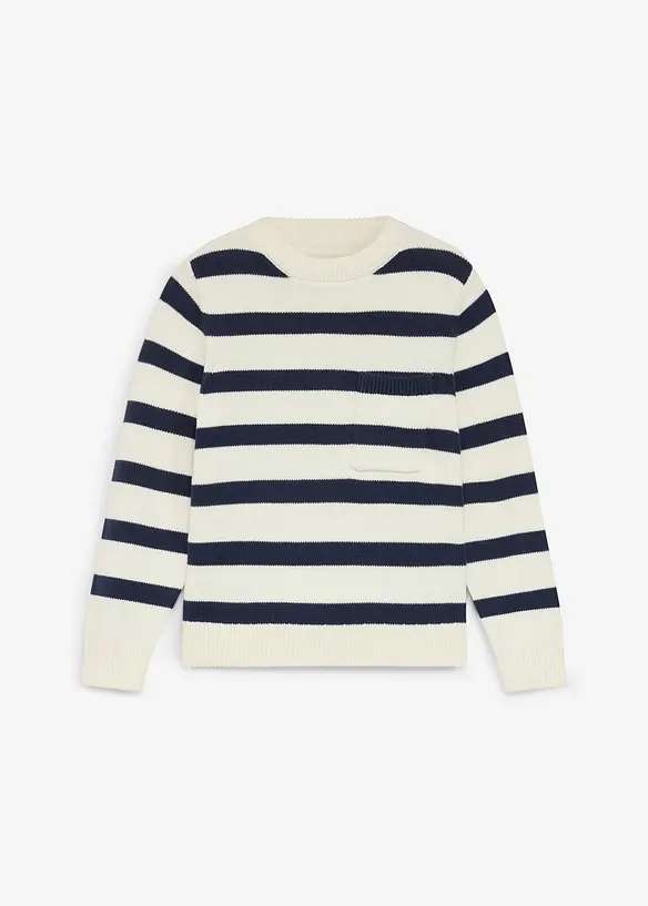 Gestreifter Grobstrick-Pullover aus reiner Baumwolle in weiß von vorne - bonprix