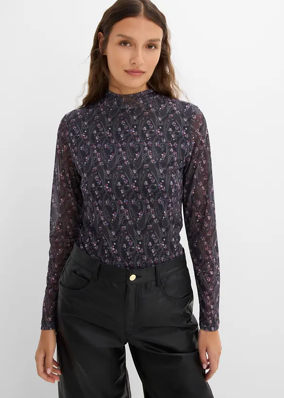 Langarmshirt aus feinem Mesh in schwarz von vorne (im Anschnitt) - bonprix Langarmshirt aus feinem Mesh in schwarz von vorne (im Anschnitt) - bonprix