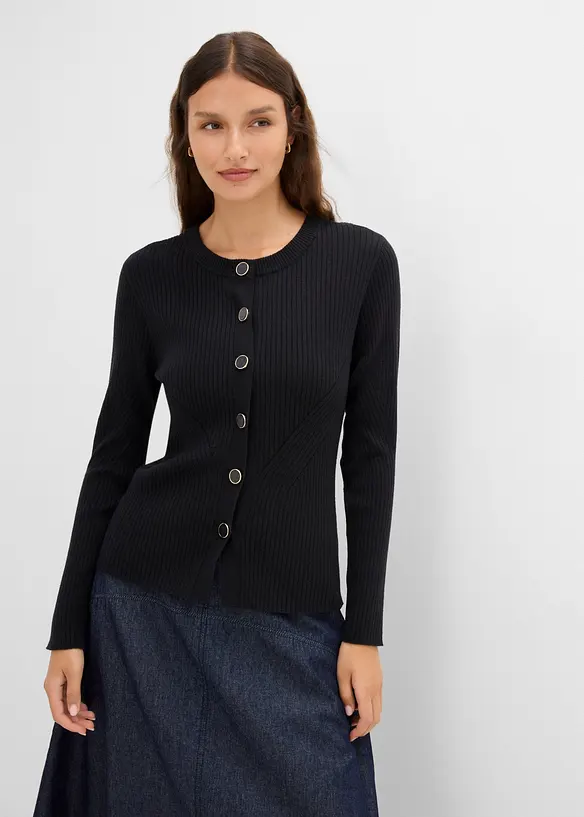 Feinstrickjacke aus Viskose-Mix in schwarz von vorne (im Anschnitt) - bonprix