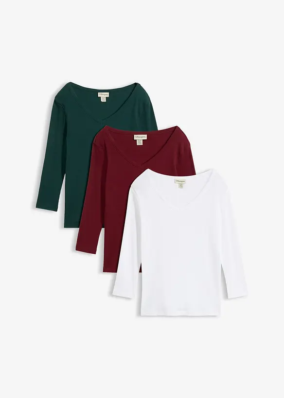 Rippshirt mit 3/4-Arm aus reiner Bio-Baumwolle (3er Pack) in weiß von vorne - bonprix Rippshirt mit 3/4-Arm aus reiner Bio-Baumwolle (3er Pack) in weiß von vorne - bonprix
