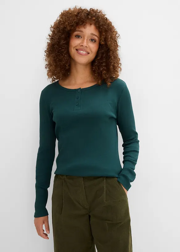 Ripp-Henleyshirt aus reiner Bio-Baumwolle (3er Pack) in grün von vorne (im Anschnitt) - bonprix