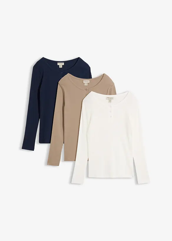 Ripp-Henleyshirt aus reiner Bio-Baumwolle (3er Pack) in blau von vorne - bonprix