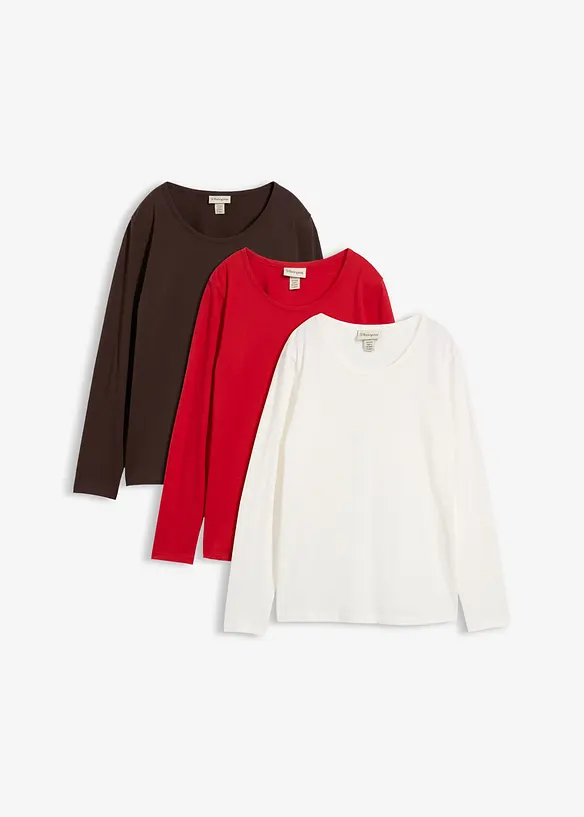 Langarmshirt aus reiner Bio-Baumwolle (3er Pack) in weiß von vorne - bonprix