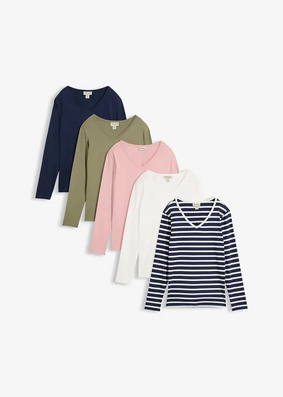 Langarmshirt (5er Pack) in blau von vorne - bonprix