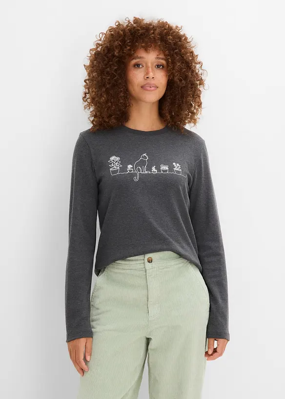 Langarmshirt aus purer Baumwolle in grau von vorne (im Anschnitt) - bonprix
