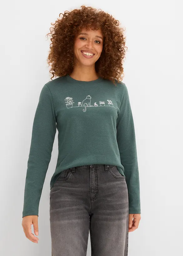 Langarmshirt aus purer Baumwolle in grün von vorne (im Anschnitt) - bonprix